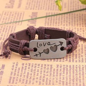 Brown Leather Love Engraved Tag Pendant Bracelet